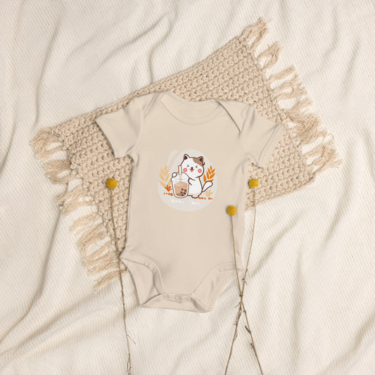Bubble Tea Cat organic cotton baby bodysuit